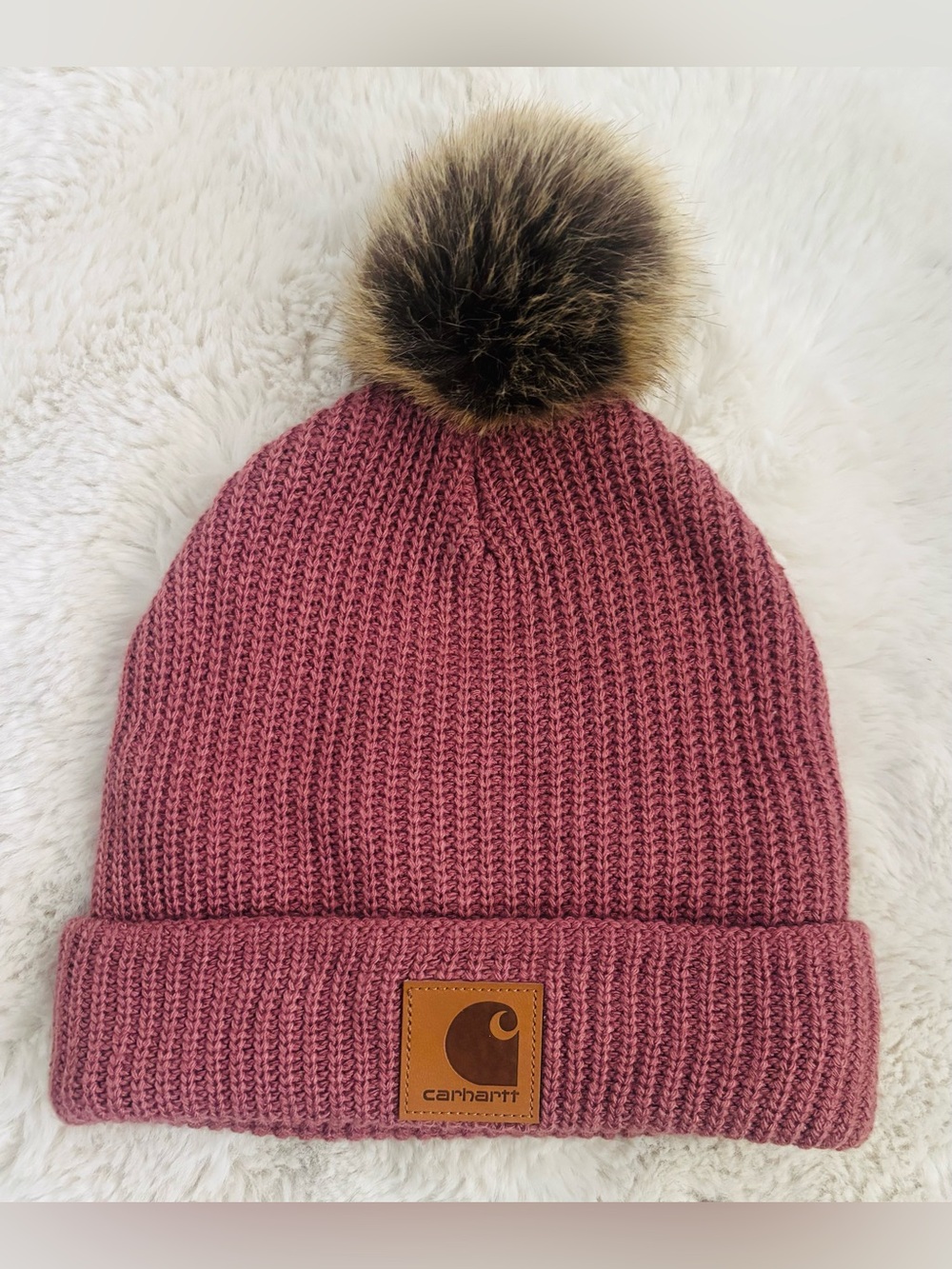 Carhartt Womens Hat Pink Pom Fleece Lined Knit Faux Fur Beanie Soft Mauve